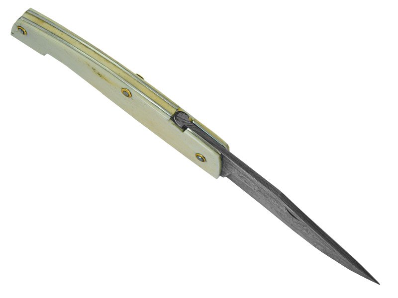 Canivete friction folder para colecionador em aço damasco. Empunhadura em osso, 20 cm