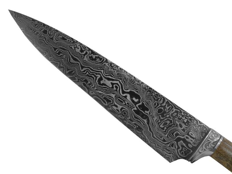 Faca churrasco Montecristo para colecionador forjado em aço damasco padrão aleatório. Empunhadura Chifre de cervo esculpido, 33 cm