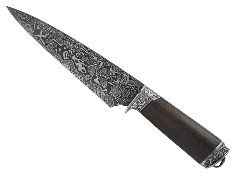 Faca churrasco Montecristo para colecionador forjado em aço damasco padrão aleatório. Empunhadura em jacarandá da Bahia, 27 cm
