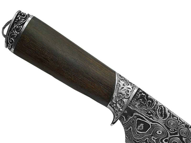 Faca churrasco Montecristo para colecionador forjado em aço damasco padrão aleatório. Empunhadura em jacarandá da Bahia, 27 cm