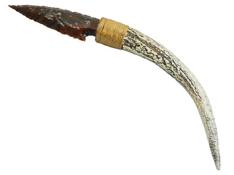 Faca para colecionador em Obsidiana. Empunhadura em chifre de cervo, 32cm