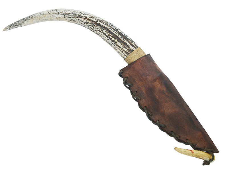 Faca para colecionador em Obsidiana. Empunhadura em chifre de cervo, 32cm