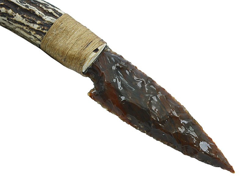 Faca para colecionador em Obsidiana. Empunhadura em chifre de cervo, 32cm