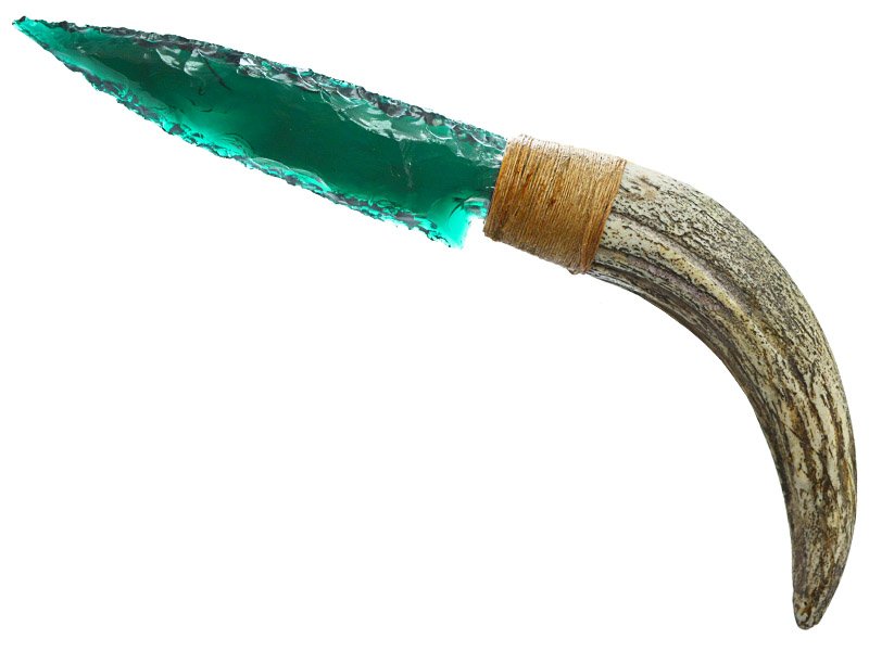 Faca para colecionador em Obsidiana verde. Empunhadura em chifre de cervo, 24 cm