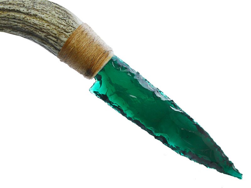 Faca para colecionador em Obsidiana verde. Empunhadura em chifre de cervo, 24 cm