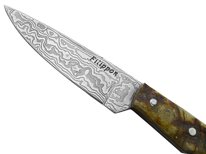 Adellar Fillipon faca para colecionador em aço damasco. Empunhadura em chifre de carneiro, 20 cm