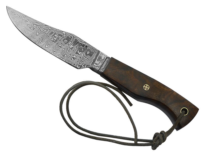 Adellar Filippon faca integral em aço damasco para colecionador. Empunhadura em radica de roseira estabilizada, 23 cm