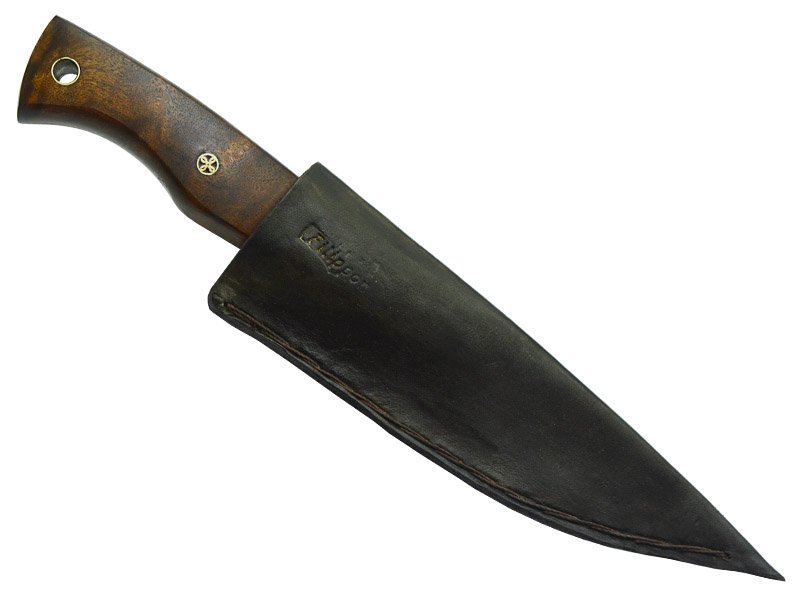 Adellar Filippon faca integral em aço damasco para colecionador. Empunhadura em radica de roseira estabilizada, 23 cm