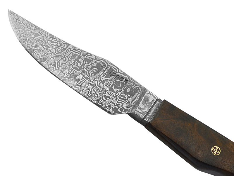 Adellar Filippon faca integral em aço damasco para colecionador. Empunhadura em radica de roseira estabilizada, 23 cm