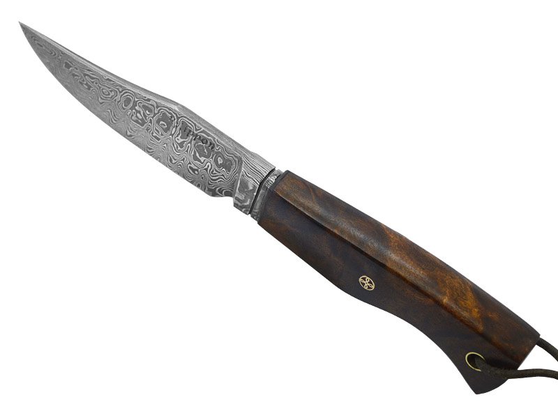 Adellar Filippon faca integral em aço damasco para colecionador. Empunhadura em radica de roseira estabilizada, 23 cm