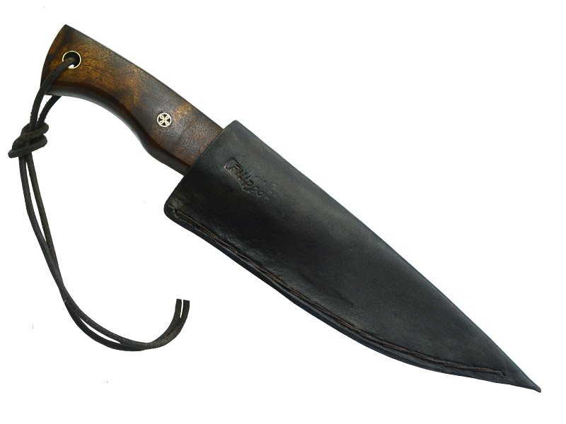 Adellar Filippon faca integral em aço damasco para colecionador. Empunhadura em radica de roseira estabilizada, 23 cm