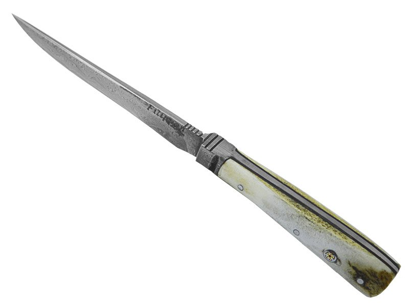 Adellar Fillipon faca para colecionador em aço damasco. Empunhadura em chifre de cervo, 21 cm