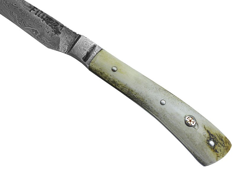 Adellar Fillipon faca para colecionador em aço damasco. Empunhadura em chifre de cervo, 21 cm