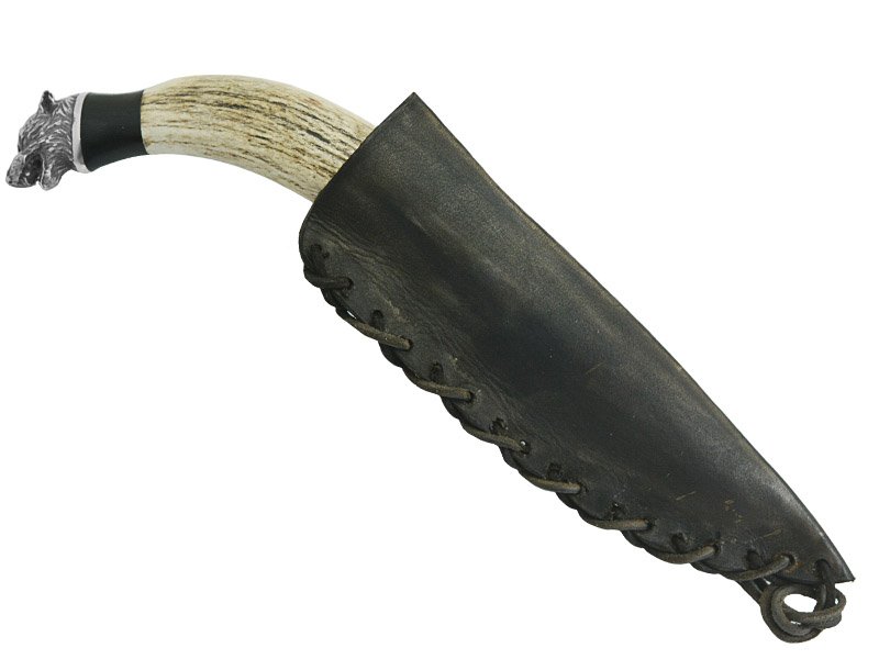 Faca para colecionador em Obsidiana verde. Empunhadura em chifre de cervo, 27 cm