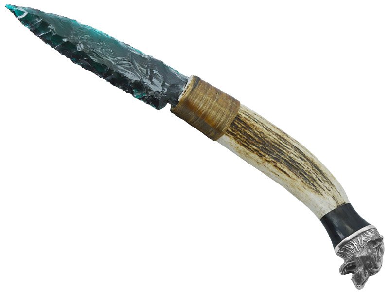 Faca para colecionador em Obsidiana verde. Empunhadura em chifre de cervo, 27 cm