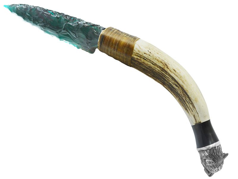 Faca para colecionador em Obsidiana verde. Empunhadura em chifre de cervo, 27 cm