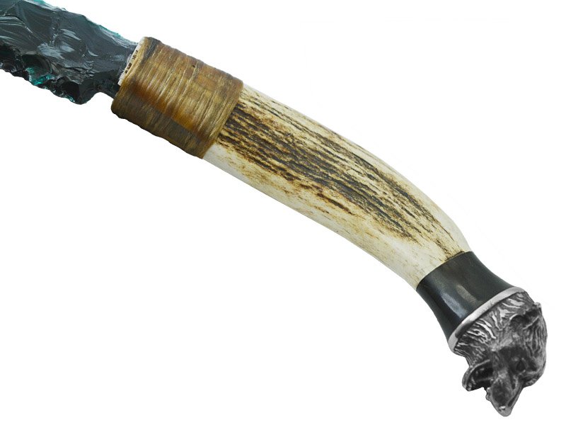 Faca para colecionador em Obsidiana verde. Empunhadura em chifre de cervo, 27 cm