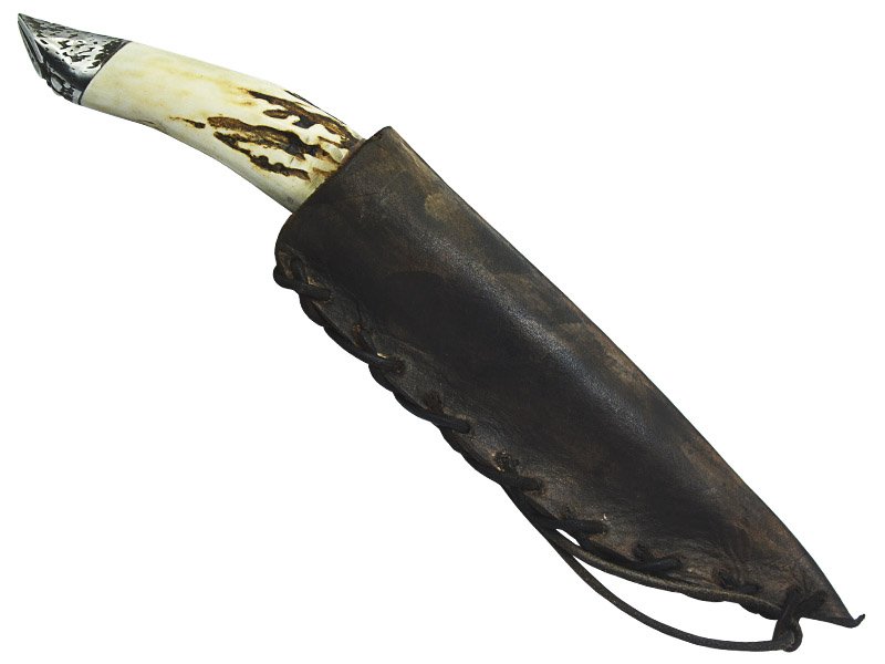 Faca para colecionador em Obsidiana negra. Empunhadura em chifre de cervo, 26 cm