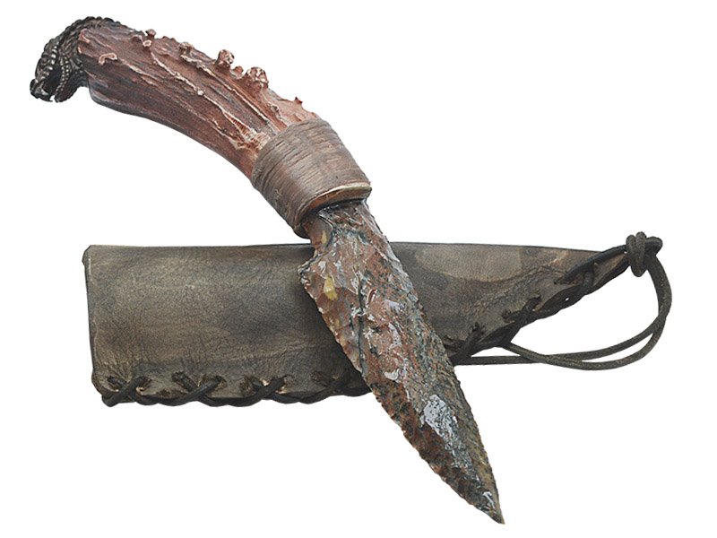 Faca para colecionador em Obsidiana. Empunhadura em chifre de cervo, 26 cm
