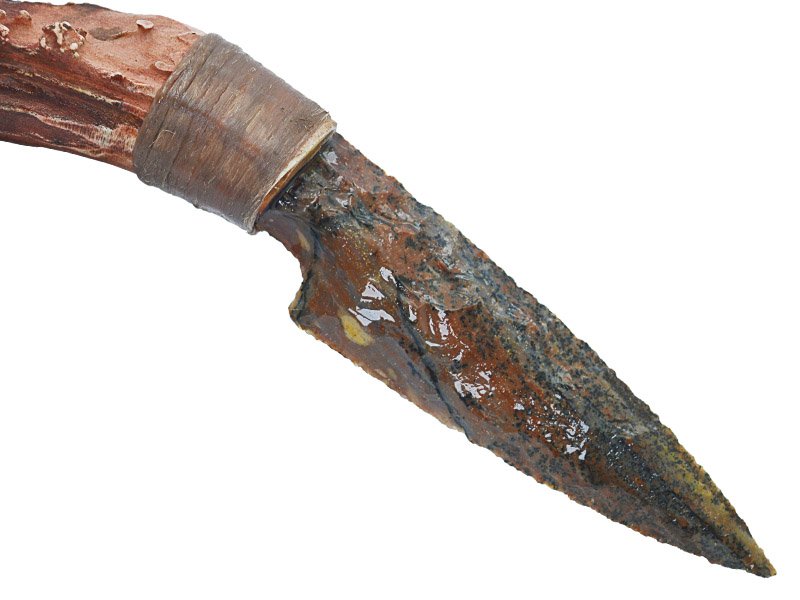 Faca para colecionador em Obsidiana. Empunhadura em chifre de cervo, 26 cm