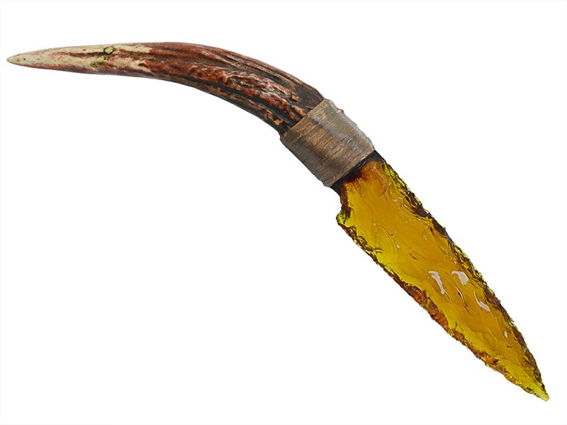 Faca para colecionador em Obsidiana amarela. Empunhadura em chifre de cervo, 26 cm