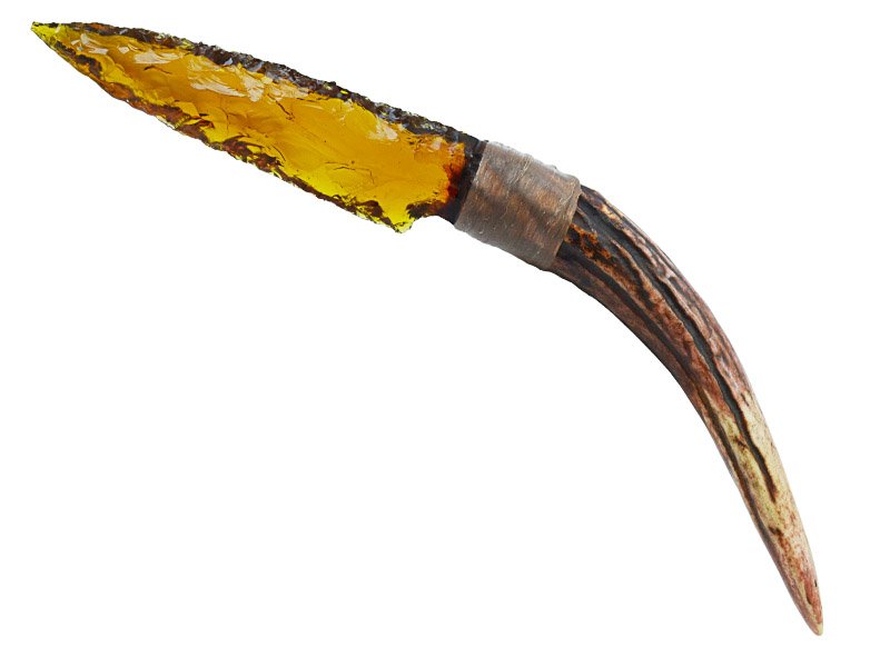Faca para colecionador em Obsidiana amarela. Empunhadura em chifre de cervo, 26 cm