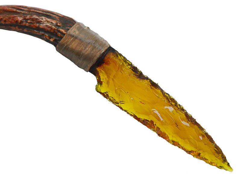 Faca para colecionador em Obsidiana amarela. Empunhadura em chifre de cervo, 26 cm