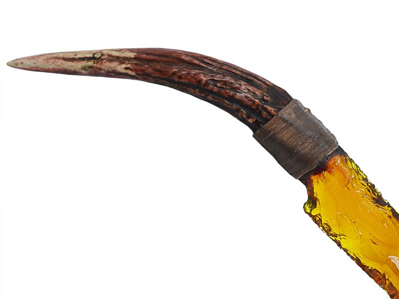Faca para colecionador em Obsidiana amarela. Empunhadura em chifre de cervo, 26 cm