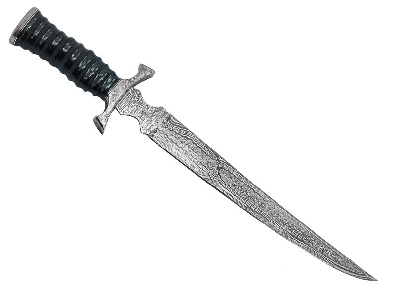 Faca javalizeira para colecionador forjada em aço damasco. Empunhadura em micarta, 45 cm