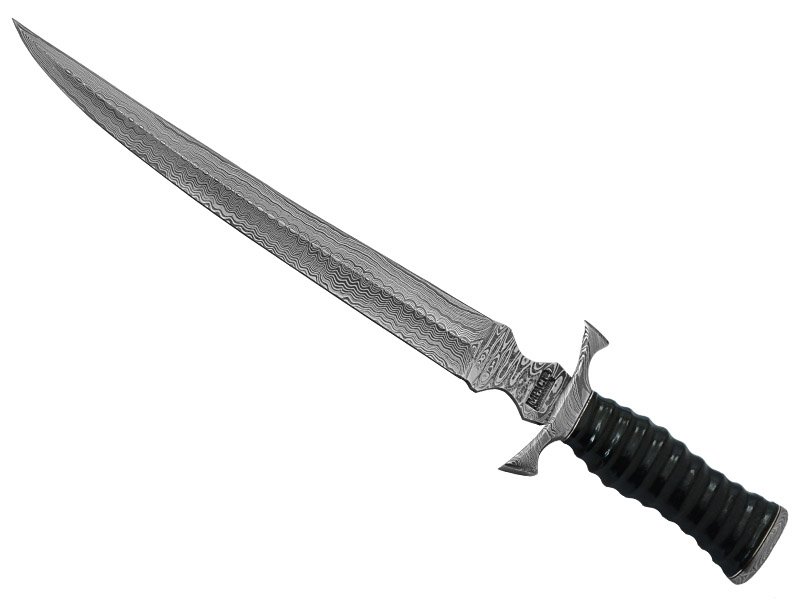 Faca javalizeira para colecionador forjada em aço damasco. Empunhadura em micarta, 45 cm