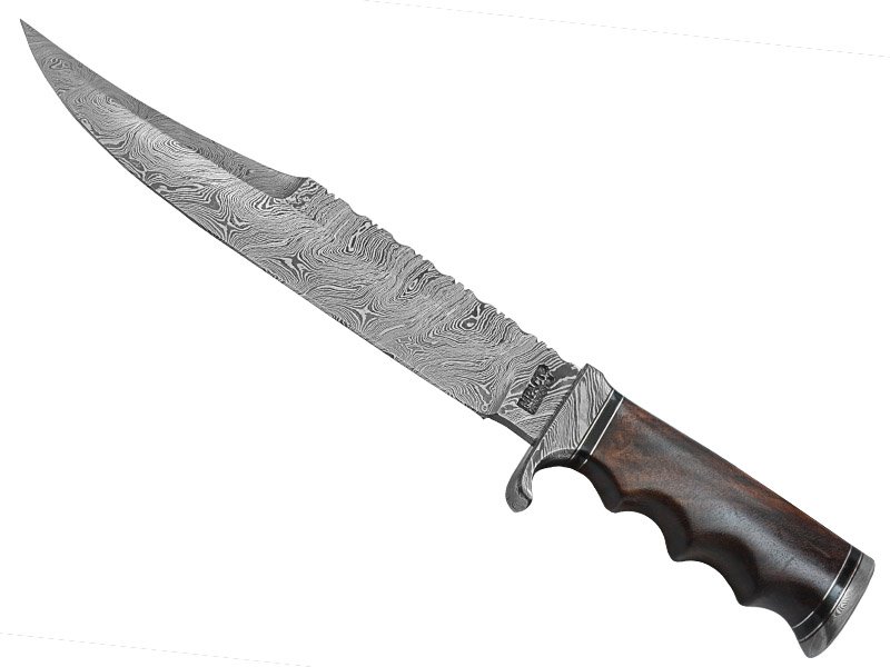 Faca bowie para colecionador em aço damasco. Empunhadura em jacarandá da Bahia, 38 cm