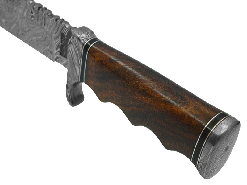 Faca bowie para colecionador em aço damasco. Empunhadura em jacarandá da Bahia, 38 cm