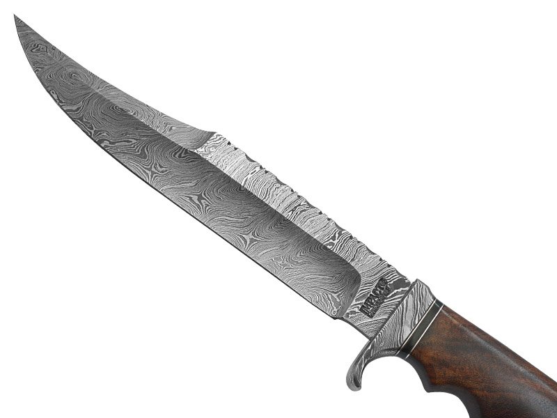Faca bowie para colecionador em aço damasco. Empunhadura em jacarandá da Bahia, 38 cm