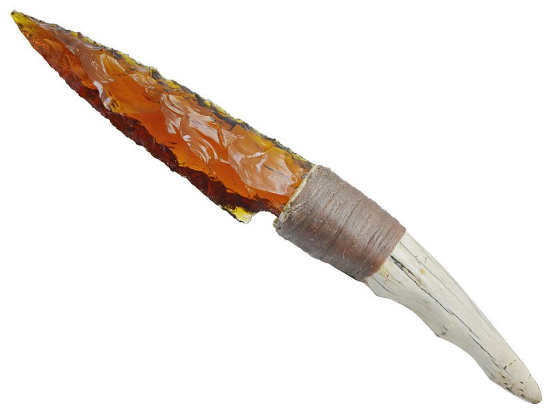 Faca para colecionador em Obsidiana. Empunhadura em chifre de cervo, 21 cm