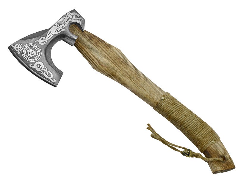 Machado nórdico VIKINGS para colecionador em aço carbono. Empunhadura em madeira pinho de riga, 49 cm