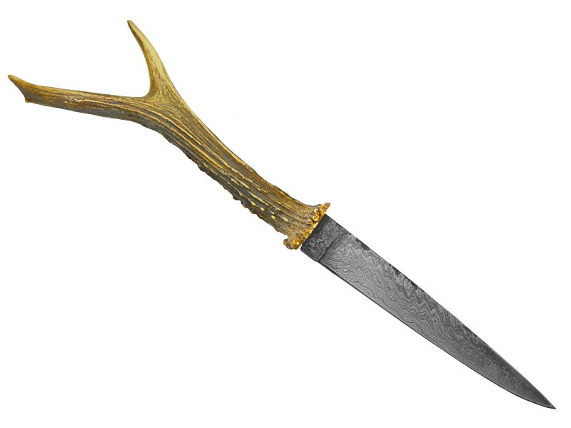 Adelar Filippon Conjunto de faca e garfo para colecionador em aço damasco. Empunhadura em chifre de veado De Roe, 31 cm