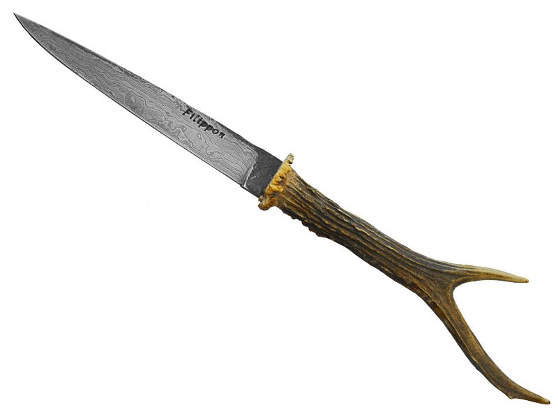 Adelar Filippon Conjunto de faca e garfo para colecionador em aço damasco. Empunhadura em chifre de veado De Roe, 31 cm