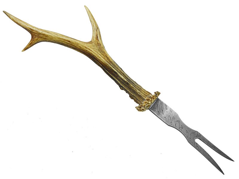 Adelar Filippon Conjunto de faca e garfo para colecionador em aço damasco. Empunhadura em chifre de veado De Roe, 31 cm