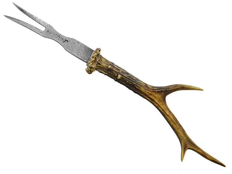 Adelar Filippon Conjunto de faca e garfo para colecionador em aço damasco. Empunhadura em chifre de veado De Roe, 31 cm