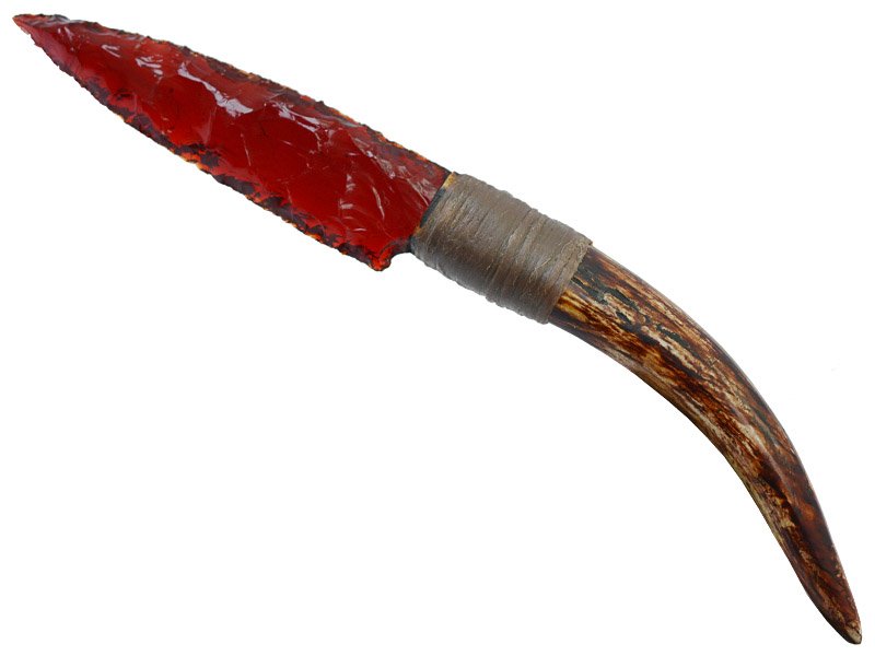 Faca para colecionador em Obsidiana. Empunhadura em chifre de cervo, 26 cm