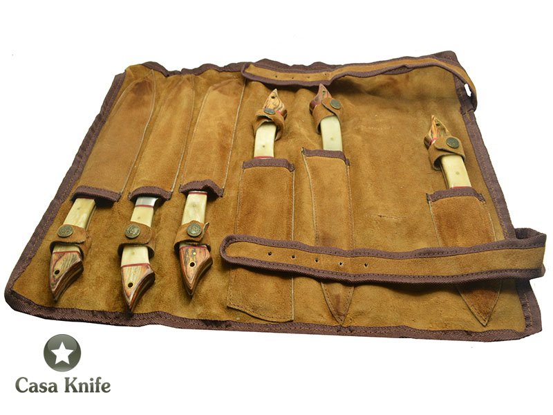 Conjunto de Facas Master Cheff com 6 peças para colecionador forjada em aço damasco, com Empunhadura em Osso e Madeira estabilizada.