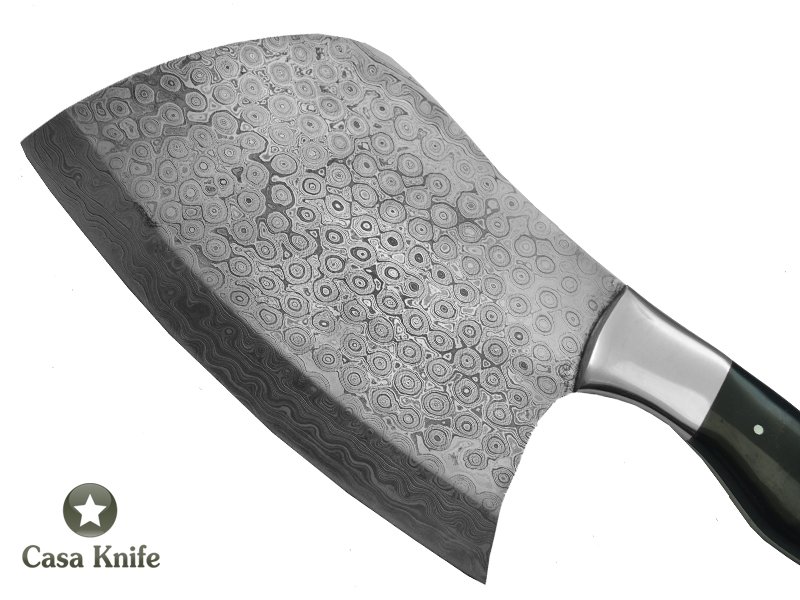 Cutelo para colecionador forjado em aço damasco - padrão gotas de chuva com empunhadura em Chifre de Búfalo, 28 cm