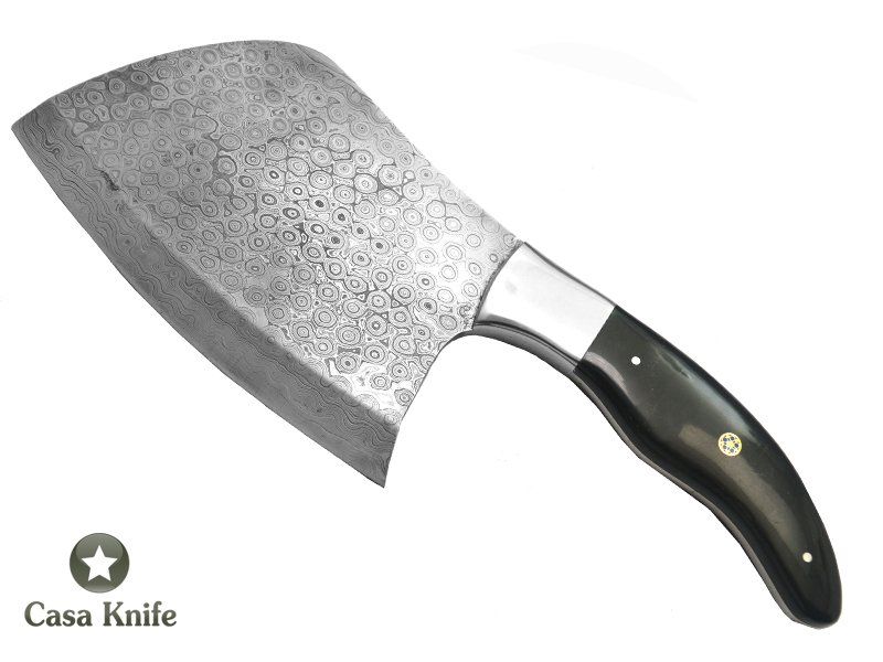 Cutelo para colecionador forjado em aço damasco - padrão gotas de chuva com empunhadura em Chifre de Búfalo, 28 cm