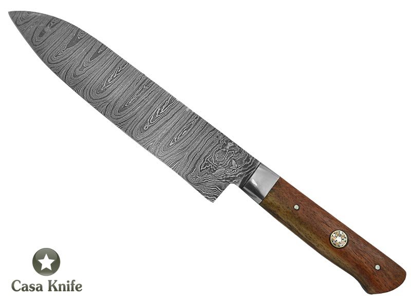 Faca Master Cheff para colecionador forjado em aço damasco. Empunhadura em madeira de peroba rosa, 28 cm