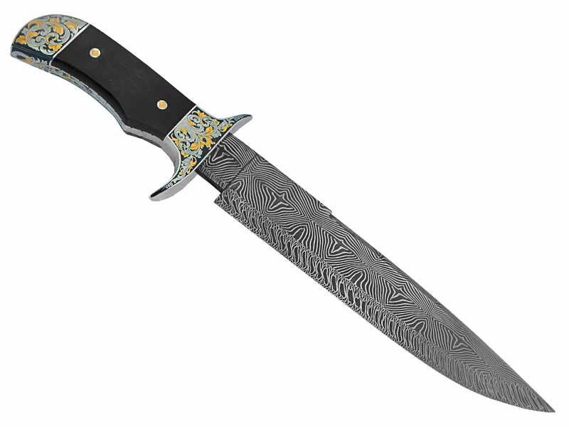 Faca para colecionador forjada em raro aço damasco mosaico. Empunhadura ricamente adornada em ouro 24k com talas em ébano africano, 39 cm