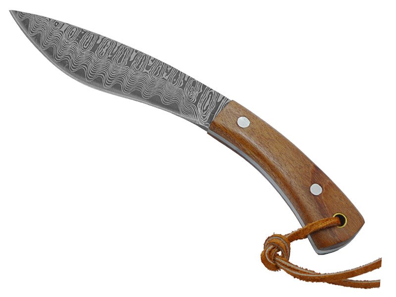 Faca kukri para colecionador, forjada em aço damasco. Empunhadura em sândalo, 17 cm