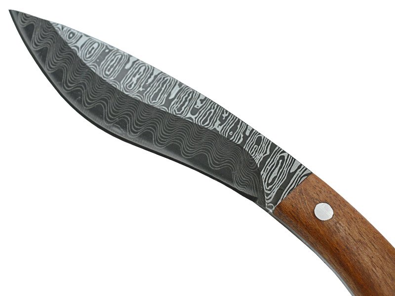 Faca kukri para colecionador, forjada em aço damasco. Empunhadura em sândalo, 17 cm