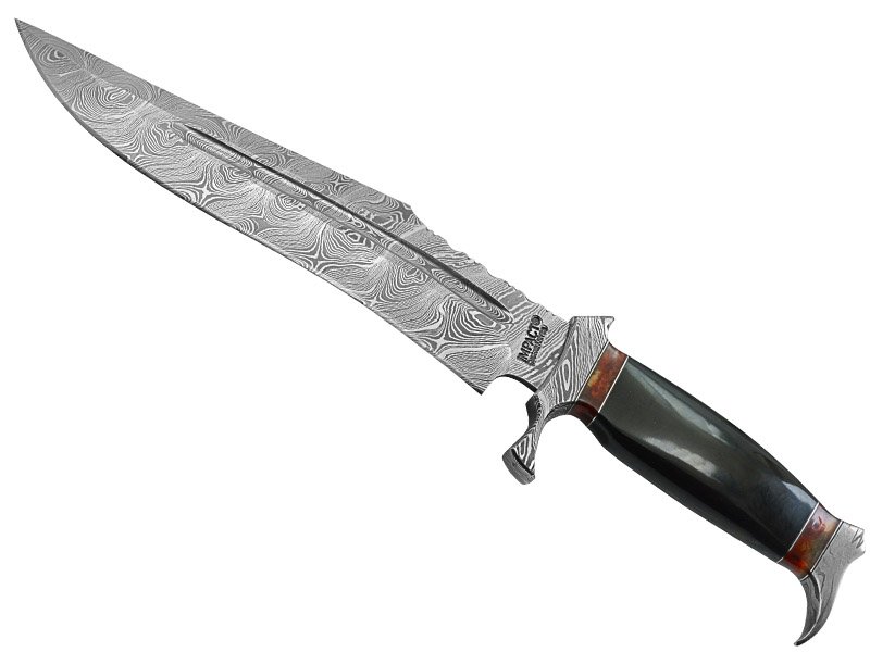 Faca bowie para colecionador forjada em aço damasco. Empunhadura em chifre de búfalo, 38 cm