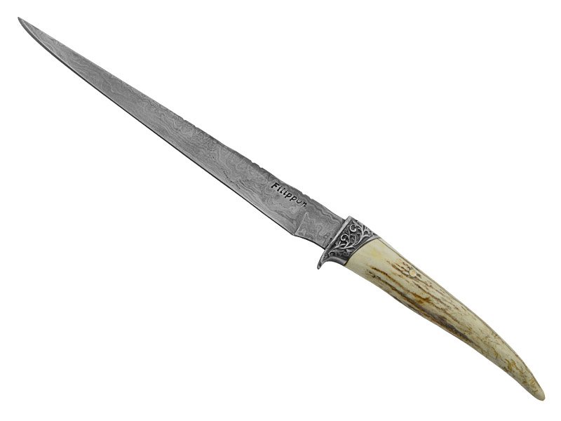 Adelar Filippon faca sangradeira para colecionador forjada em aço damasco. Empunhadura em chifre de cervo, 35 cm