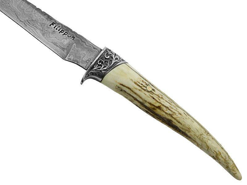 Adelar Filippon faca sangradeira para colecionador forjada em aço damasco. Empunhadura em chifre de cervo, 35 cm